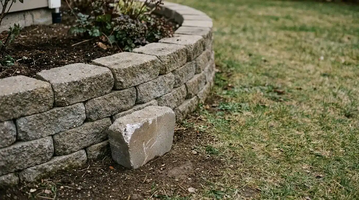 Stone retaining wall beside garden bed with soil and grass in outdoor setting