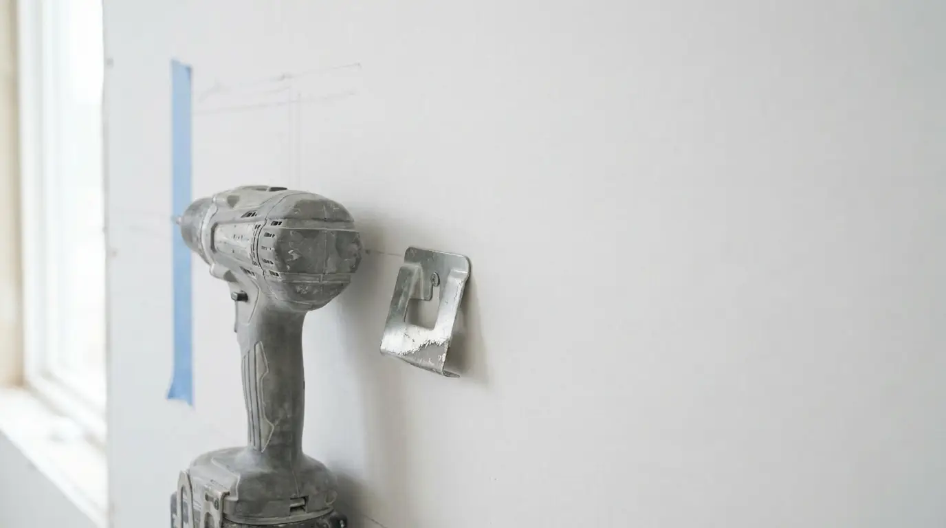 Cordless drill resting against white wall with metal wall anchor in bright indoor setting