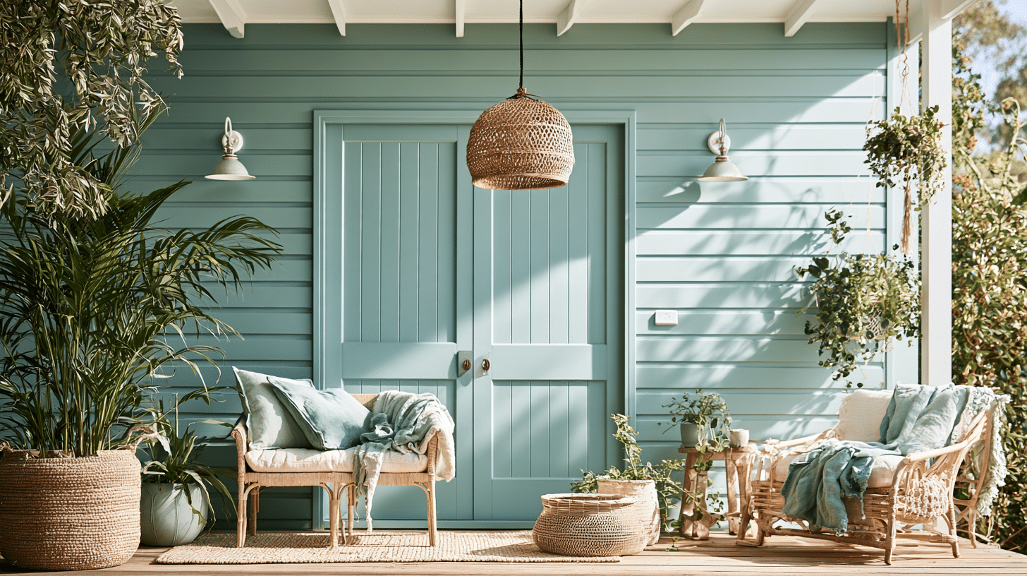 Coastal patio with wicker chairs and plants against seafoam green siding in natural light