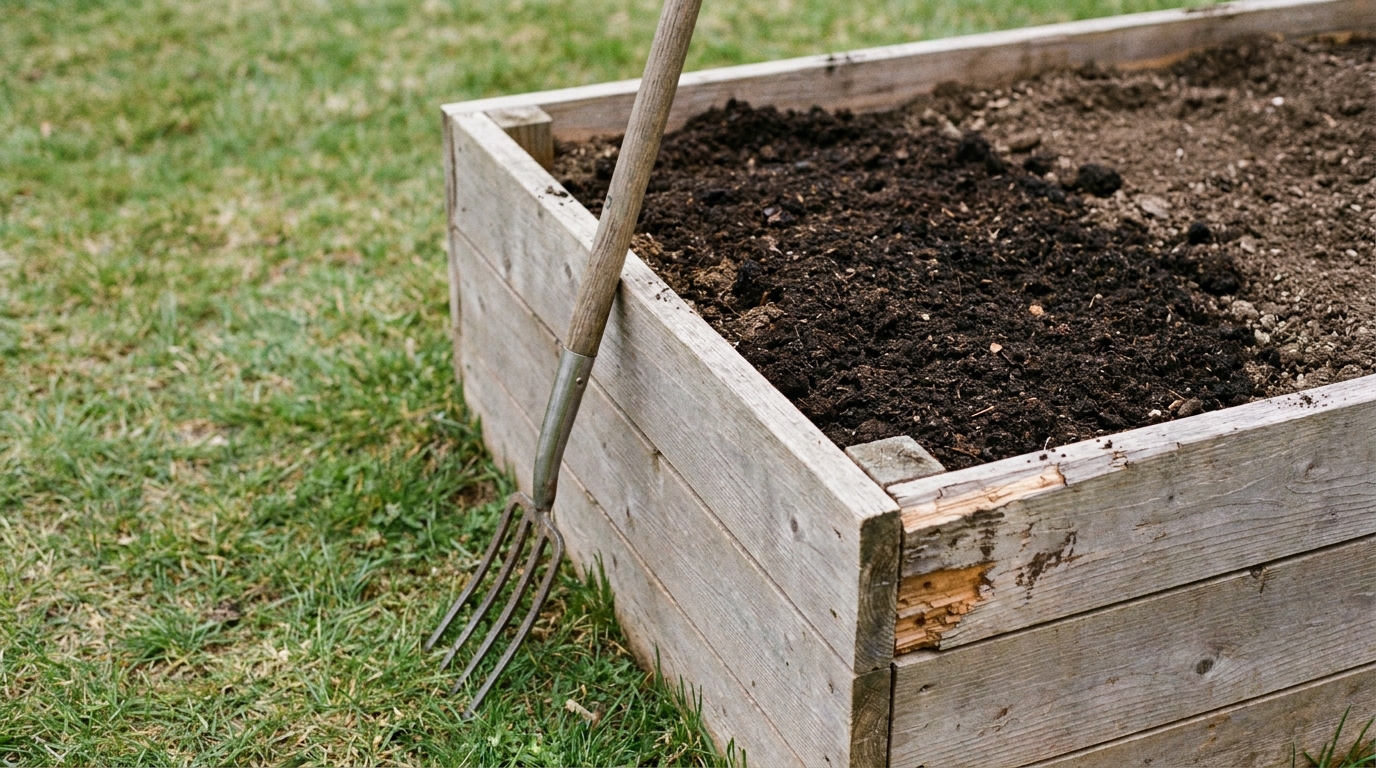 Rectangular wooden raised garden bed filled with dark soil and a garden fork in grassy yard