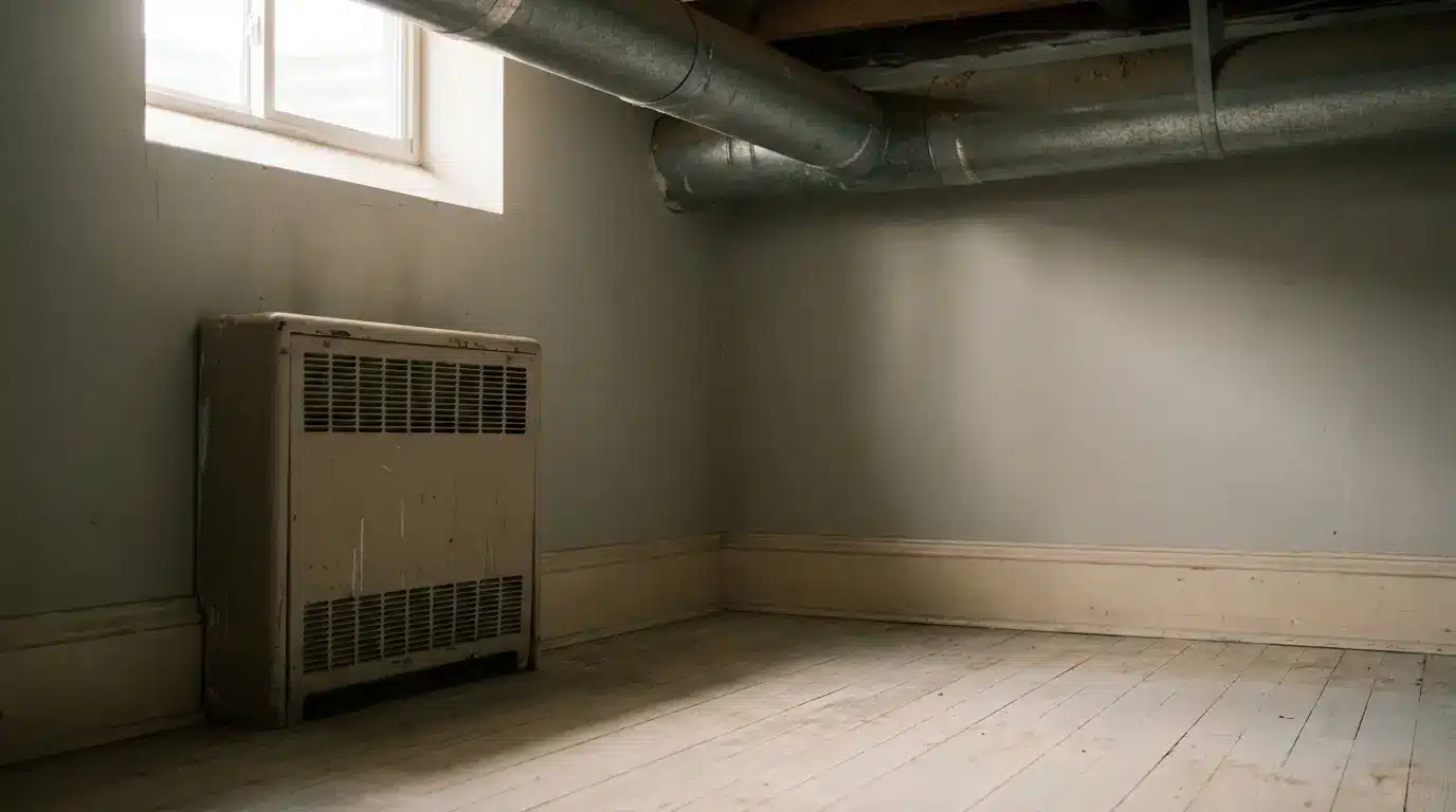 Metal floor supply register in wood flooring with exposed round basement ductwork lit by window light