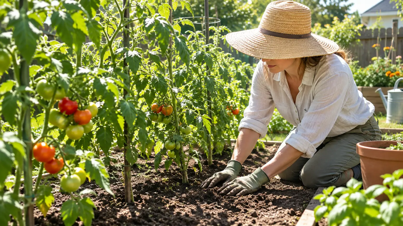 Gardener in sun hat tending tomato plants in sunny vegetable garden