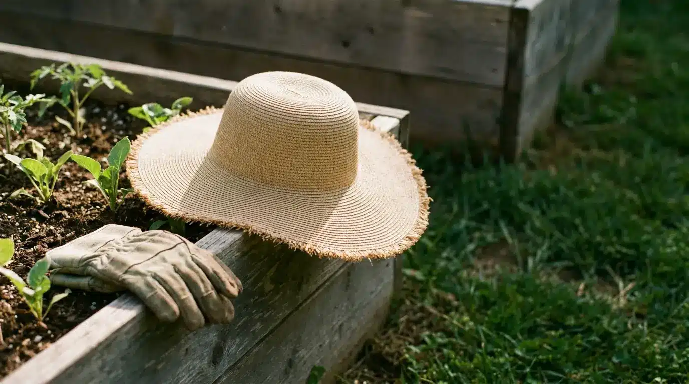 Straw hat and gardening glove resting on wooden planter bed with young plants