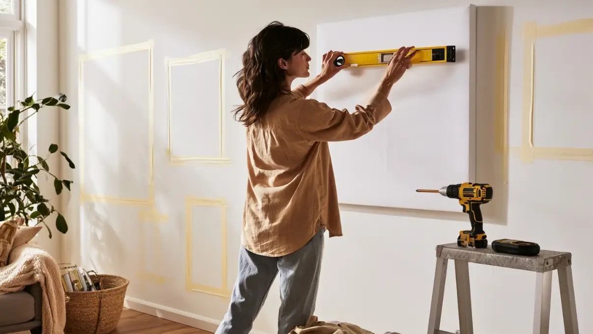 Woman using level to align canvas on wall in bright living room with power drill on stepstool