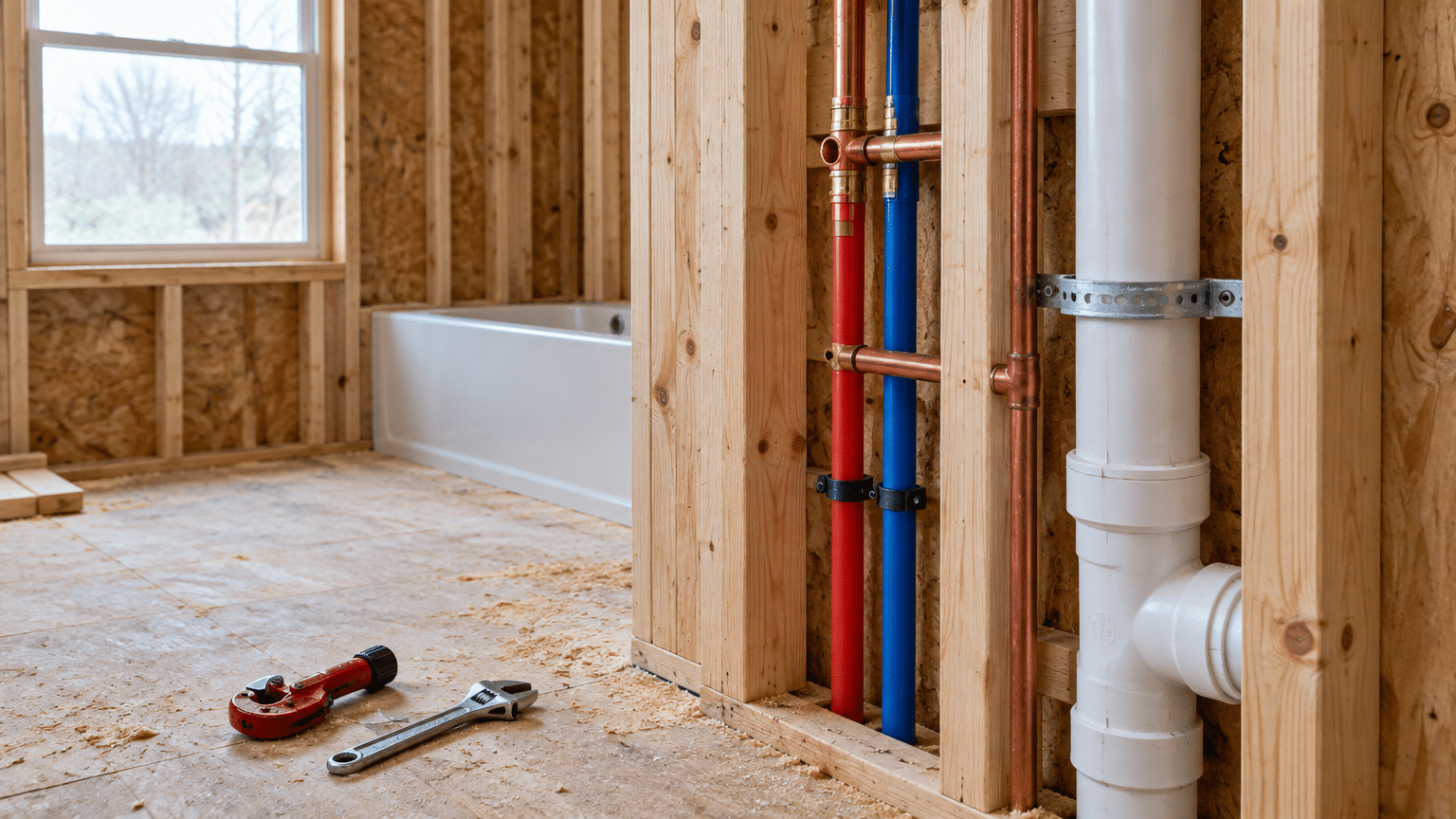 Exposed plumbing and tools in partially constructed bathroom with wooden framing and unfinished floor.