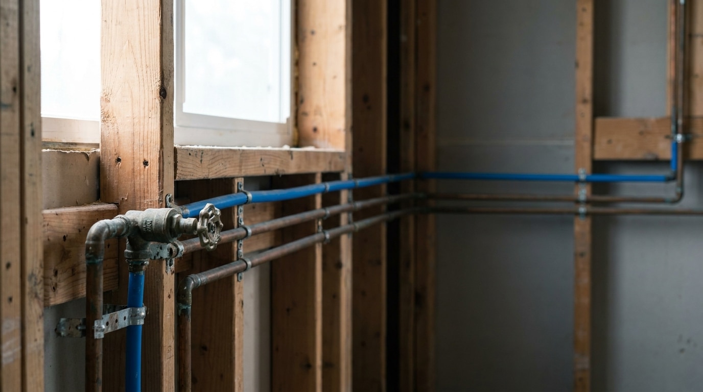 Exposed plumbing pipes in unfinished wall with wooden framing and metal fixtures