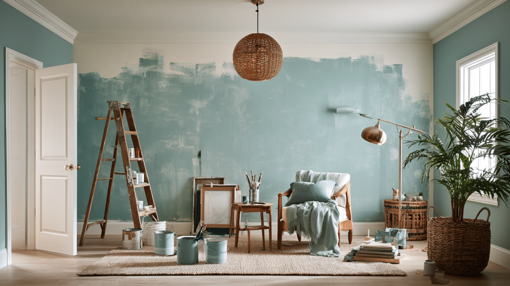 Cozy living room partially painted teal with ladder and paint cans on woven rug