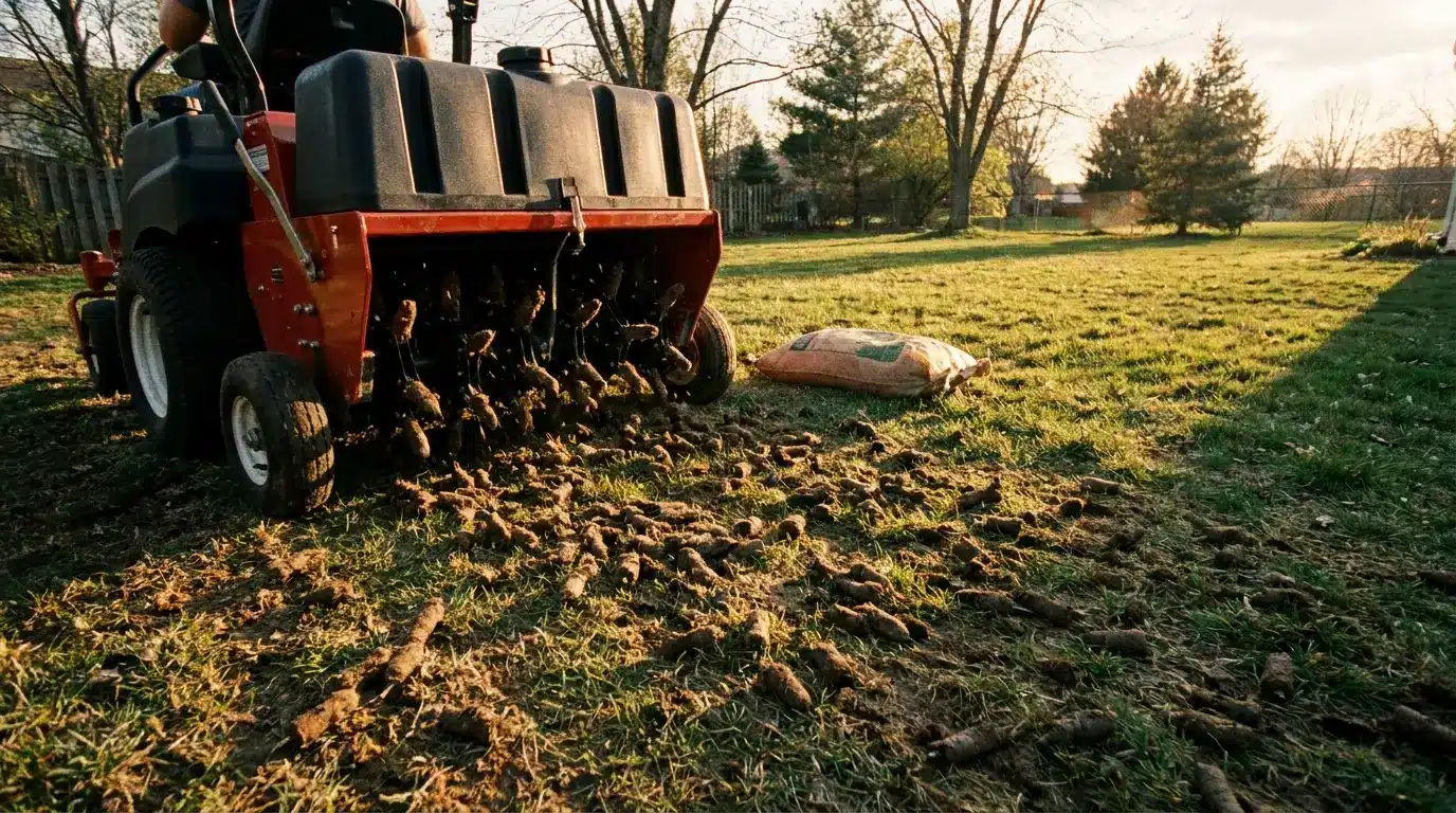 Lawn aerator machine working on grassy yard in late afternoon light