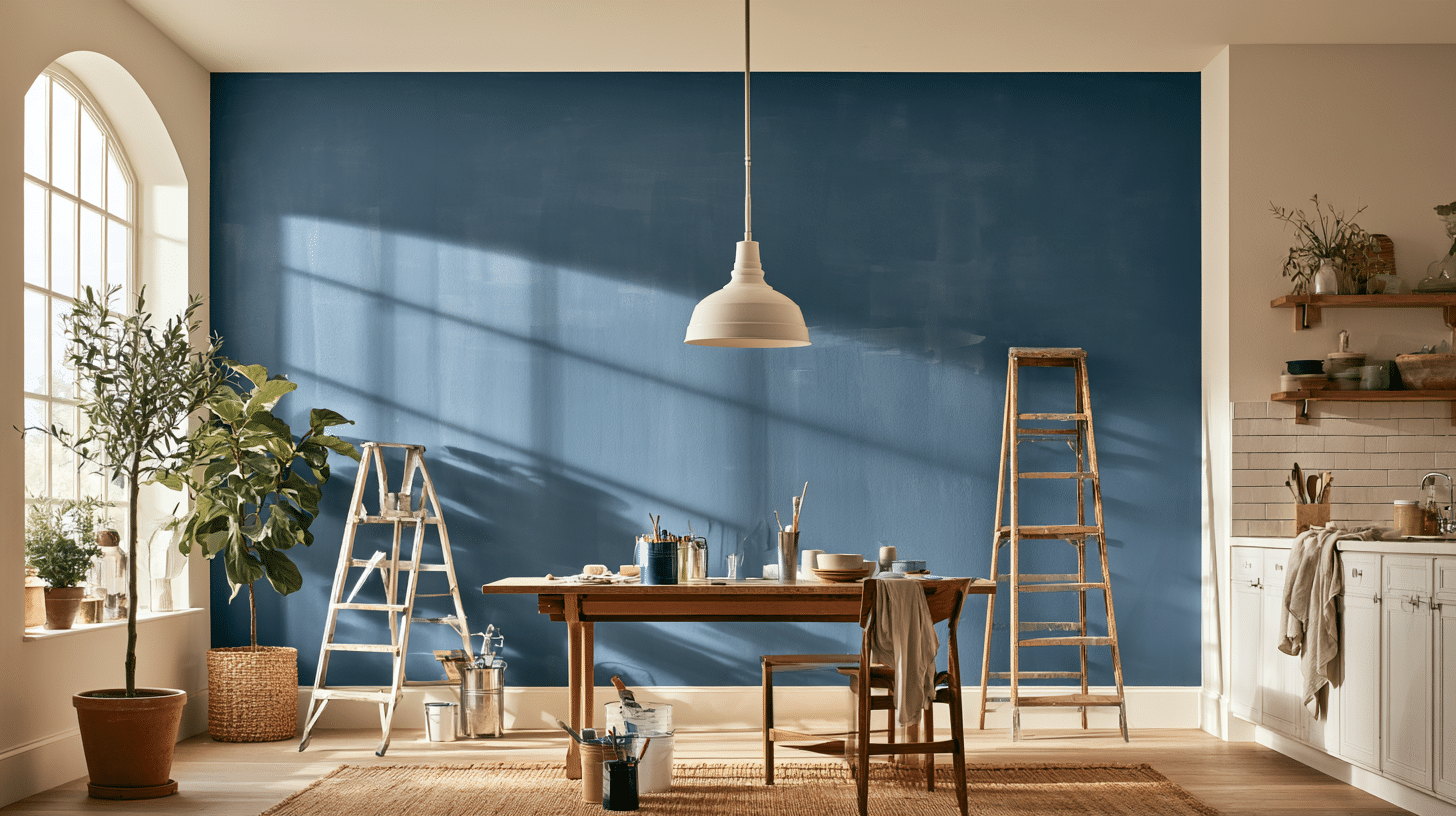 Room with blue accent wall, wooden ladders, painting supplies on table, warm natural lighting