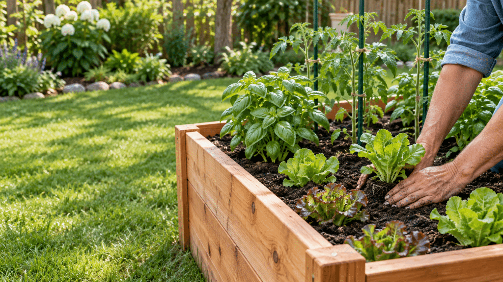 Gardener planting lettuce in raised wooden bed with tomato and basil plants, sunny backyard setting