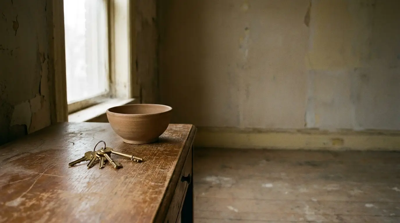 Bowls and keys on rustic wooden table by weathered wall in sunlit room