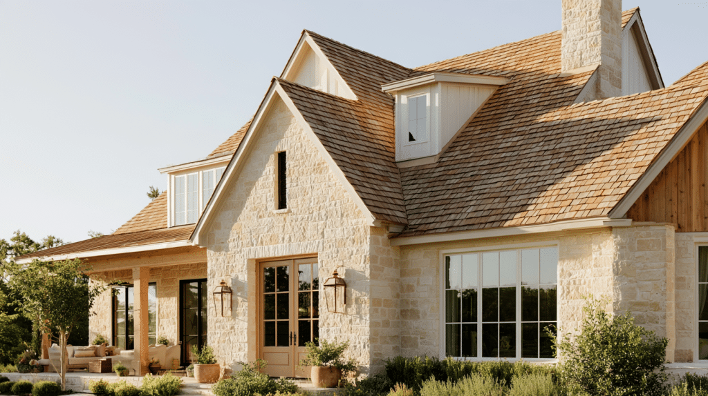 Stone farmhouse with pitched roofs and wooden porch under clear sky in warm afternoon light