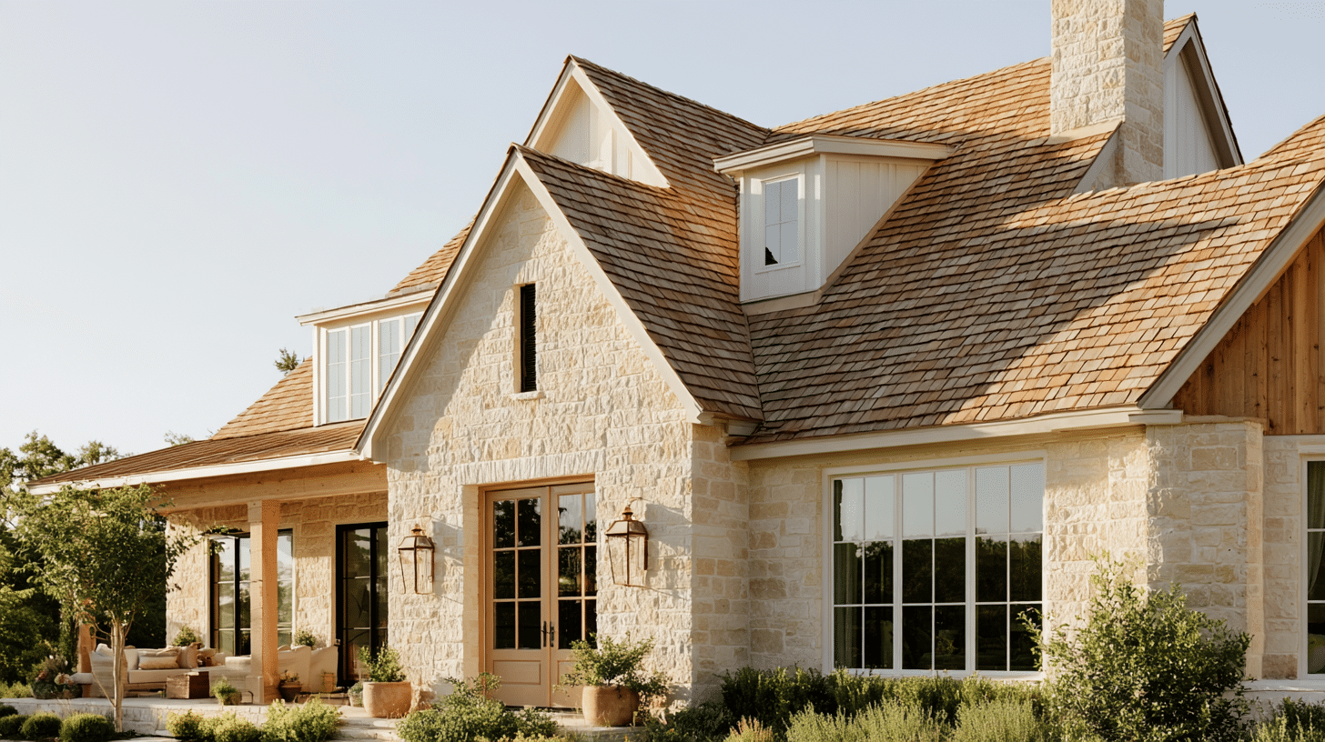 Stone farmhouse with pitched roofs and wooden porch under clear sky in warm afternoon light