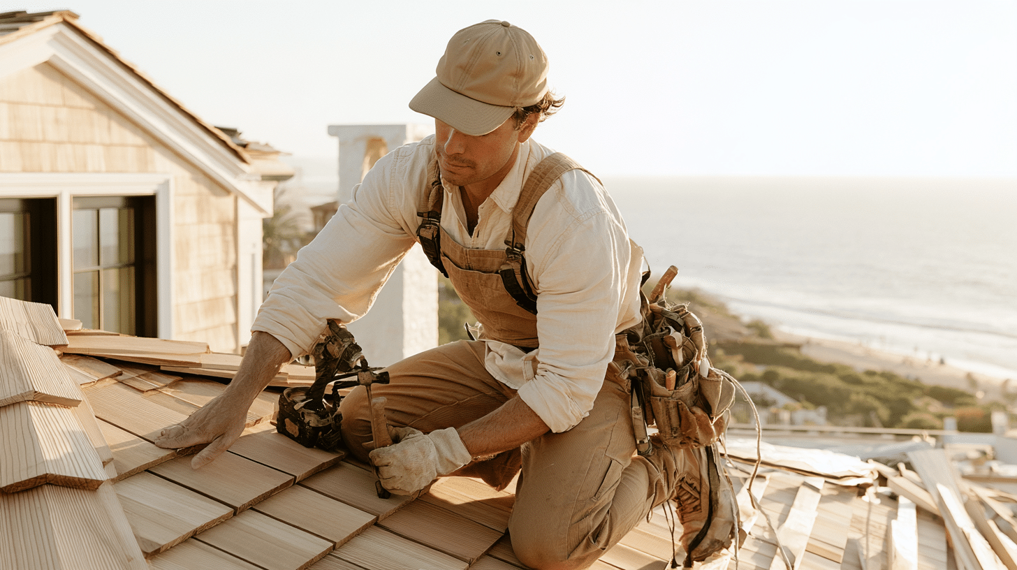 Roofer in overalls installing wooden shingles on beachside home roof during sunset