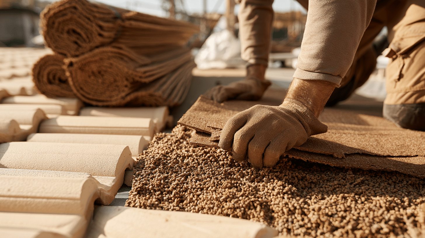 Worker in gloves laying fiber material over roof tiles outdoors in warm sunlight