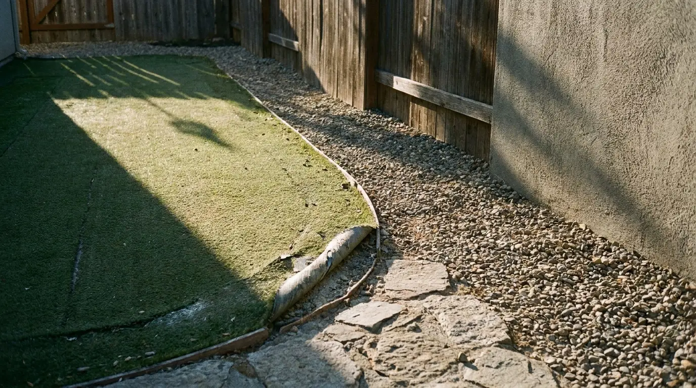 Synthetic turf strip meeting a gravel border in a quiet suburban side yard under low afternoon sun