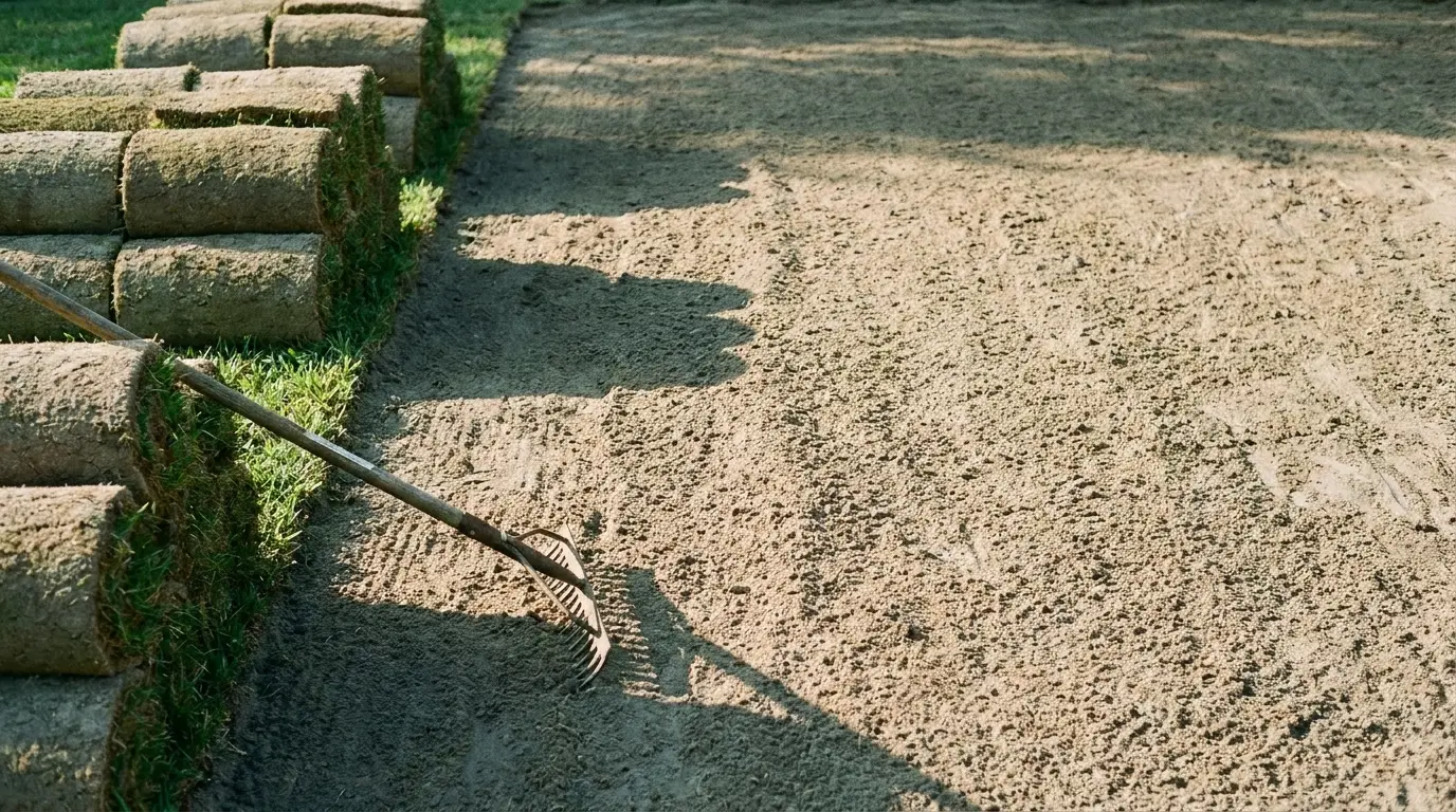 Grass rolls laid on prepared soil with a rake on a sunny day