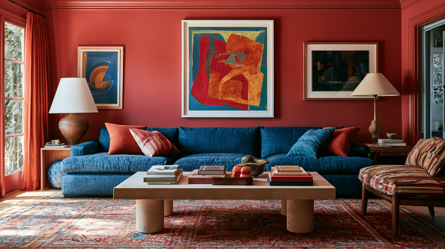 Blue sofa with colorful cushions in a red-painted living room with abstract art on the walls