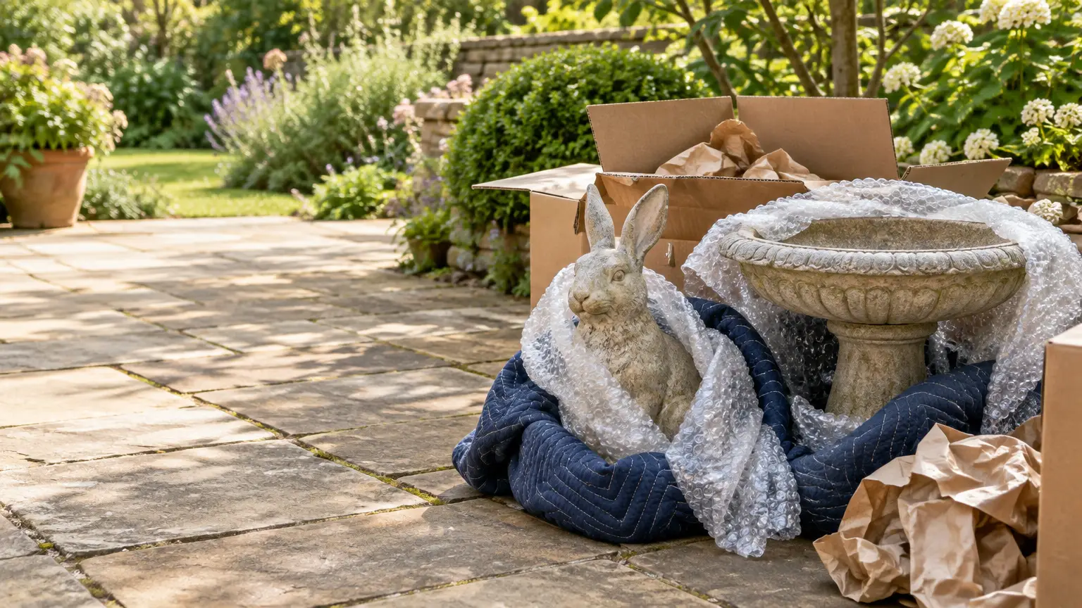 Stone rabbit statue and birdbath wrapped in bubble wrap on patio with open boxes nearby