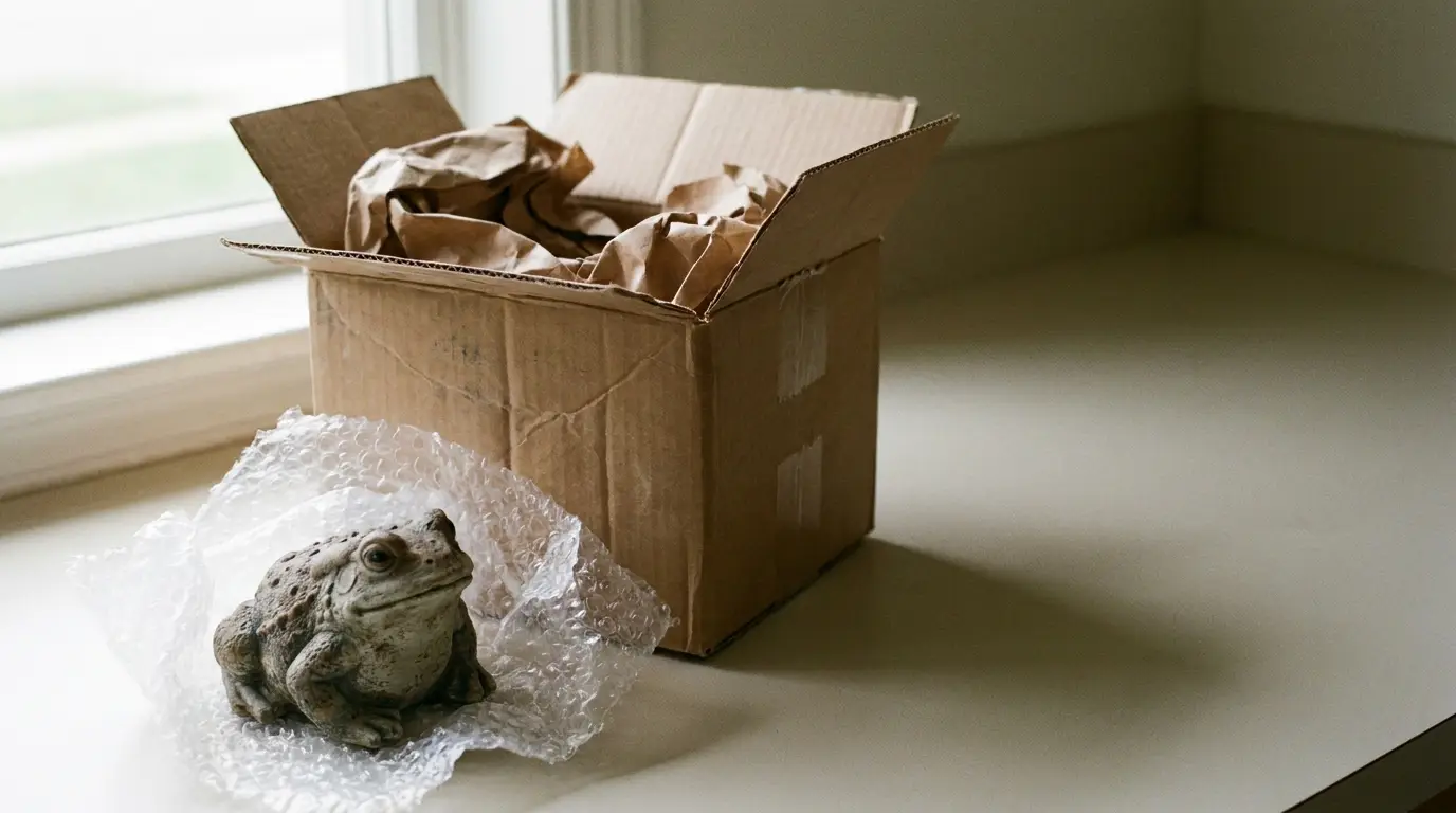 Toad figurine partially wrapped in bubble wrap beside open cardboard box on windowsill